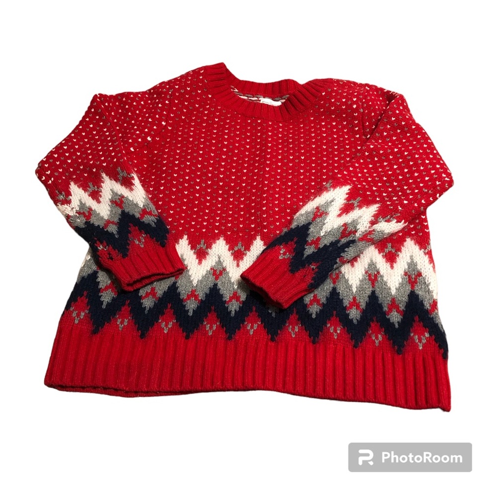 LL Bean Signature Birds Eye Chevron Wool Sweater L Red